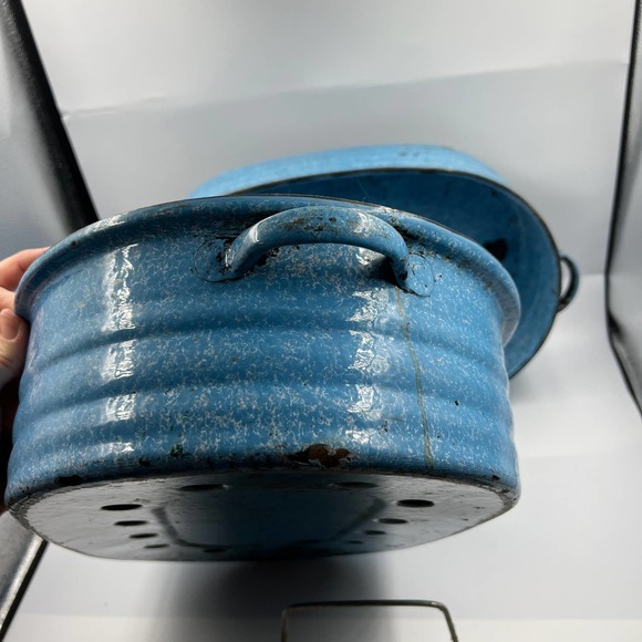 Antique Turquoise Cornflower Blue Large Roaster Rack Enamelware On Steel 4 Piece - Picture 11 of 15